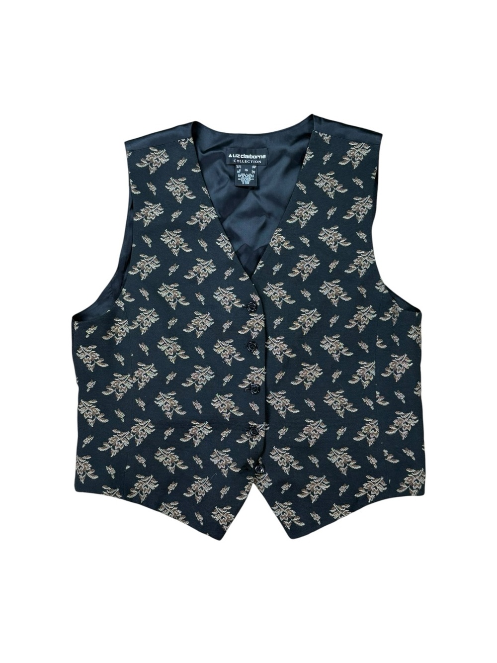 VTG Liz Claiborne Collection leaf print black and tan vest size 16